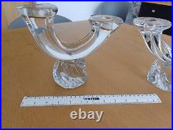 PAIR VINTAGE SIGNED'DAUM FRANCE' 18.5cm TALL CRYSTAL GLASS DOUBLE CANDLESTICKS