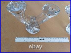 PAIR VINTAGE SIGNED'DAUM FRANCE' 18.5cm TALL CRYSTAL GLASS DOUBLE CANDLESTICKS