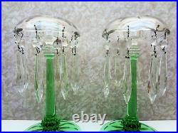 PAIR Vintage Fostoria Green Candlesticks Candle Holders Bobeche Prisms 8 1/2