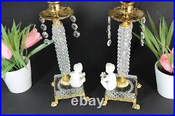 PAIR Vintage glass candle holder candlesticks bisque putti cherub figurine