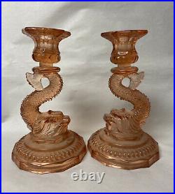 PAIR of VINTAGE or ANTIQUE PINK GLASS DOLPHIN FISH CANDLESTICKS