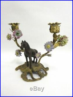 PAIR vintage Bronze horse porcelain flowers Candlesticks candle holder 1960