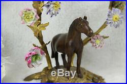 PAIR vintage Bronze horse porcelain flowers Candlesticks candle holder 1960