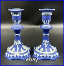 Pair 19th C Antique Wedgwood Cobalt Blue Jasperware Candlesticks Candle Holders