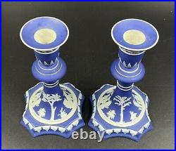 Pair 19th C Antique Wedgwood Cobalt Blue Jasperware Candlesticks Candle Holders