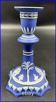 Pair 19th C Antique Wedgwood Cobalt Blue Jasperware Candlesticks Candle Holders