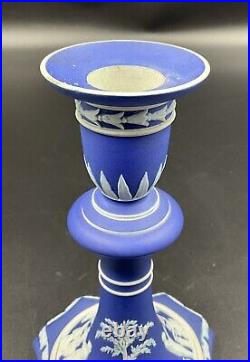 Pair 19th C Antique Wedgwood Cobalt Blue Jasperware Candlesticks Candle Holders