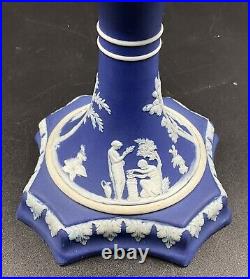 Pair 19th C Antique Wedgwood Cobalt Blue Jasperware Candlesticks Candle Holders