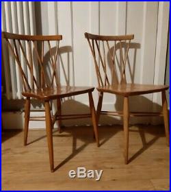 Pair 2 Ercol X 376 Chiltern Candlestick Stick Back Vintage Chairs 1960s Blonde