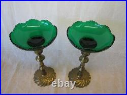 Pair 2 Forest Green Cambridge Glass Inserts & Brass Candle Holders Candlesticks