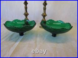 Pair 2 Forest Green Cambridge Glass Inserts & Brass Candle Holders Candlesticks
