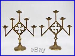 Pair Antique / Vintage Brass Ecclesiastic Gothic Revival Candlesticks Candelabra