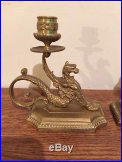 Pair Antique Vintage Brass Griffin Lion Dragon Candlestick Holders