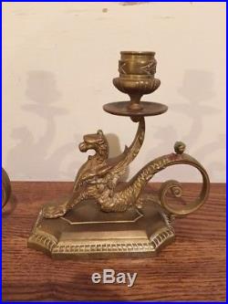 Pair Antique Vintage Brass Griffin Lion Dragon Candlestick Holders