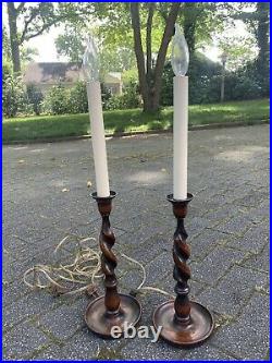 Pair Antique Vintage English Dark Oak Barley Twist Candlestick Buffet Lamps