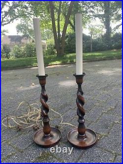 Pair Antique Vintage English Dark Oak Barley Twist Candlestick Buffet Lamps