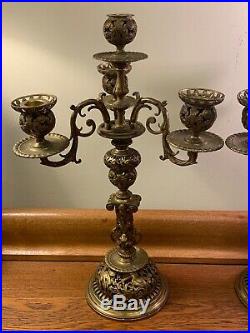 Pair Antique Vintage Solid Brass Ornate 4 Arm Candelabra Candlesticks 19 Heavy