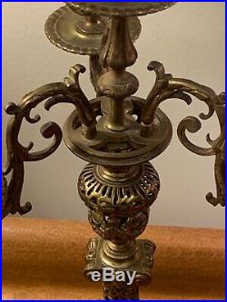 Pair Antique Vintage Solid Brass Ornate 4 Arm Candelabra Candlesticks 19 Heavy