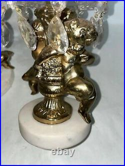 Pair Brass Candle Stick Holders with Crystals Cherub Vintage Marble Base