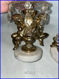Pair Brass Candle Stick Holders with Crystals Cherub Vintage Marble Base