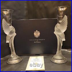 Pair IGOR CARL FABERGE Snow Dove Crystal Candlesticks France