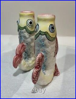 Pair Italian Art Pottery Fish Candlesticks Candle Holders Rare Vtg Italy
