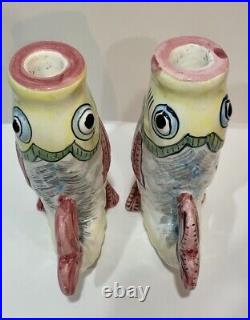 Pair Italian Art Pottery Fish Candlesticks Candle Holders Rare Vtg Italy