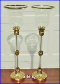 Pair Large 28 Vintage CHAPMAN Blown Glass Brass Hurricane Candle Stick Holders