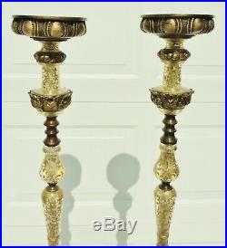 Pair Large 55 Vintage Gold Leaf Church Altar Floor Pillar Candle Stick Holders