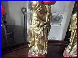 Pair Large Vintage Carved Gilded Chinese Wooden Candlesticks Dragons & Immortals
