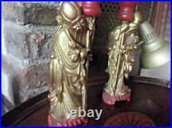 Pair Large Vintage Carved Gilded Chinese Wooden Candlesticks Dragons & Immortals