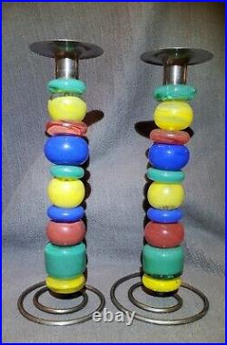Pair Mid Century Murano Red, Yellow, Green & Blue Glass Candlesticks With Metal
