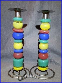 Pair Mid Century Murano Red, Yellow, Green & Blue Glass Candlesticks With Metal