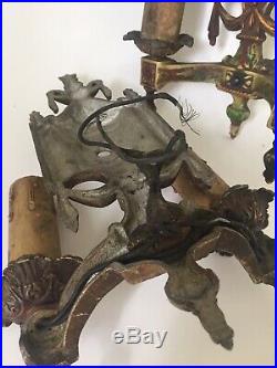 Pair Of 2 Vintage 1920's Deco Cast Iron Candlestick Wall Sconce Light Fixtures