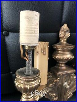 Pair Of (2) Vintage Art Deco Cast Metal Candlestick Wall Sconce Light Fixtures
