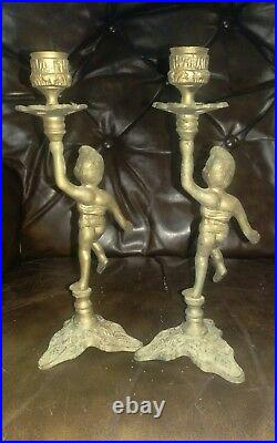 Pair Of Antique Vintage Candle Holders Candlesticks Brass Cherub Angel