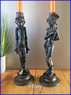 Pair Of Antique Vintage Novelty French Soldier Metal Candle Holders Candlesticks