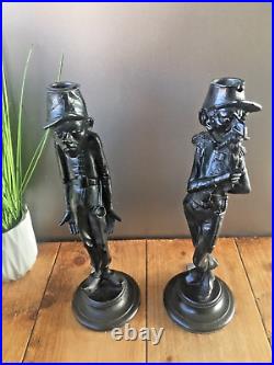 Pair Of Antique Vintage Novelty French Soldier Metal Candle Holders Candlesticks