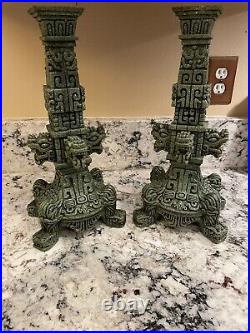 Pair Of Original Zarebski Mexican Art Aztec Candlestick Holder Vintage Malachite