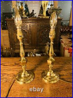 Pair Of Solid Polished Cast Brass Candlestick Table Lamps, Rewired Vintage