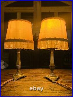 Pair Of Solid Vintage French Brass Candlestick Table Lamps, Rewired Antique