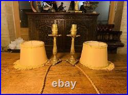 Pair Of Solid Vintage French Brass Candlestick Table Lamps, Rewired Antique