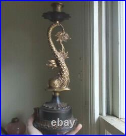 Pair Of Vintage 15 1/2 Brass Dolphin Koi Fish Candlesticks Heavy Cast Iron Base