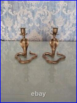 Pair Of Vintage Brass Cobra Snake Candlestick Holders