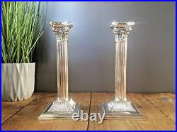 Pair Of Vintage Corinthian Column Candlesticks Candle Holders Silver Chrome Epns