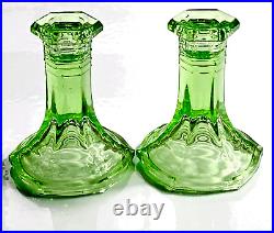 Pair Of Vintage Green Art Deco Uranium Glass Candlesticksvanitydressing Table