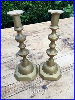 Pair Of Vintage Heavy (1.1kg) English Brass Traditional Candlesticks Octagonal