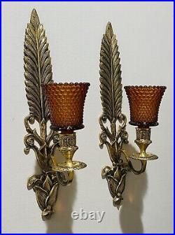Pair Of Vintage Lacquered Brass Forever Lovely & Beautiful Wall Scones 15 Tall