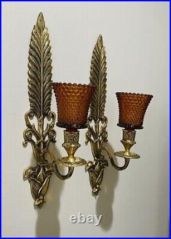 Pair Of Vintage Lacquered Brass Forever Lovely & Beautiful Wall Scones 15 Tall