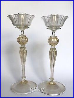 Pair Of Vintage Murano Glass Candlestick Holders With Filigree And Latticino Det
